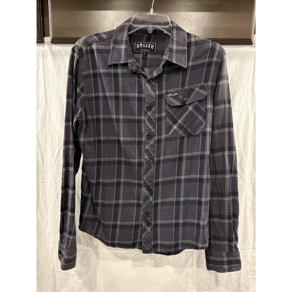 Sullen Craft Collection Flannel Shirt Mens Small Gray Black Plaid Button Up
